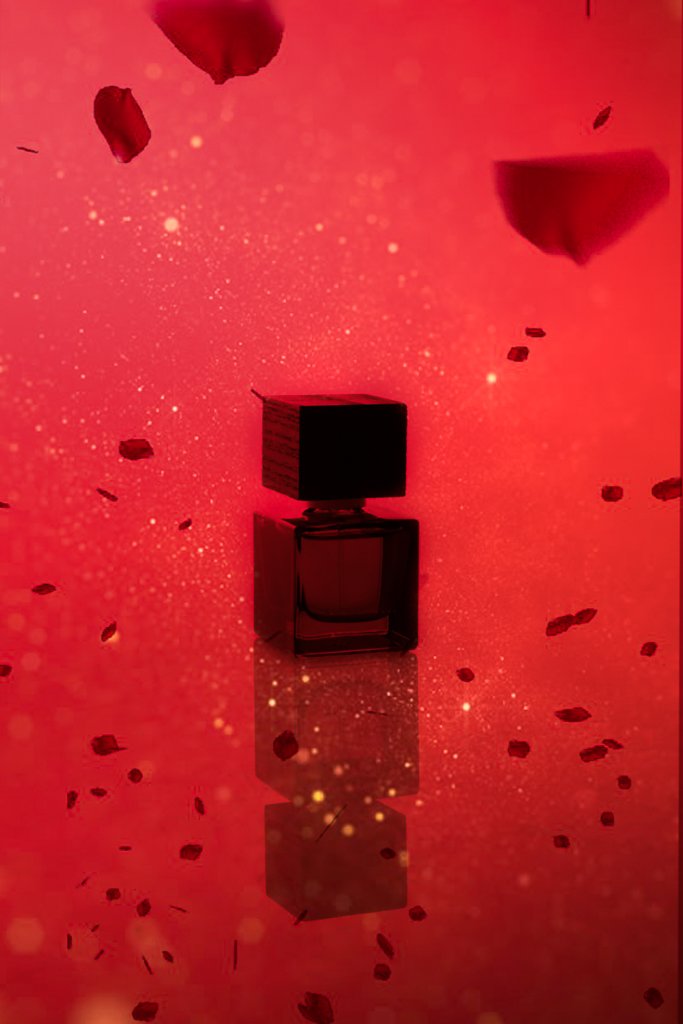 A black perfume bottle with a square cap against a red sparkling background with floating rose petals.