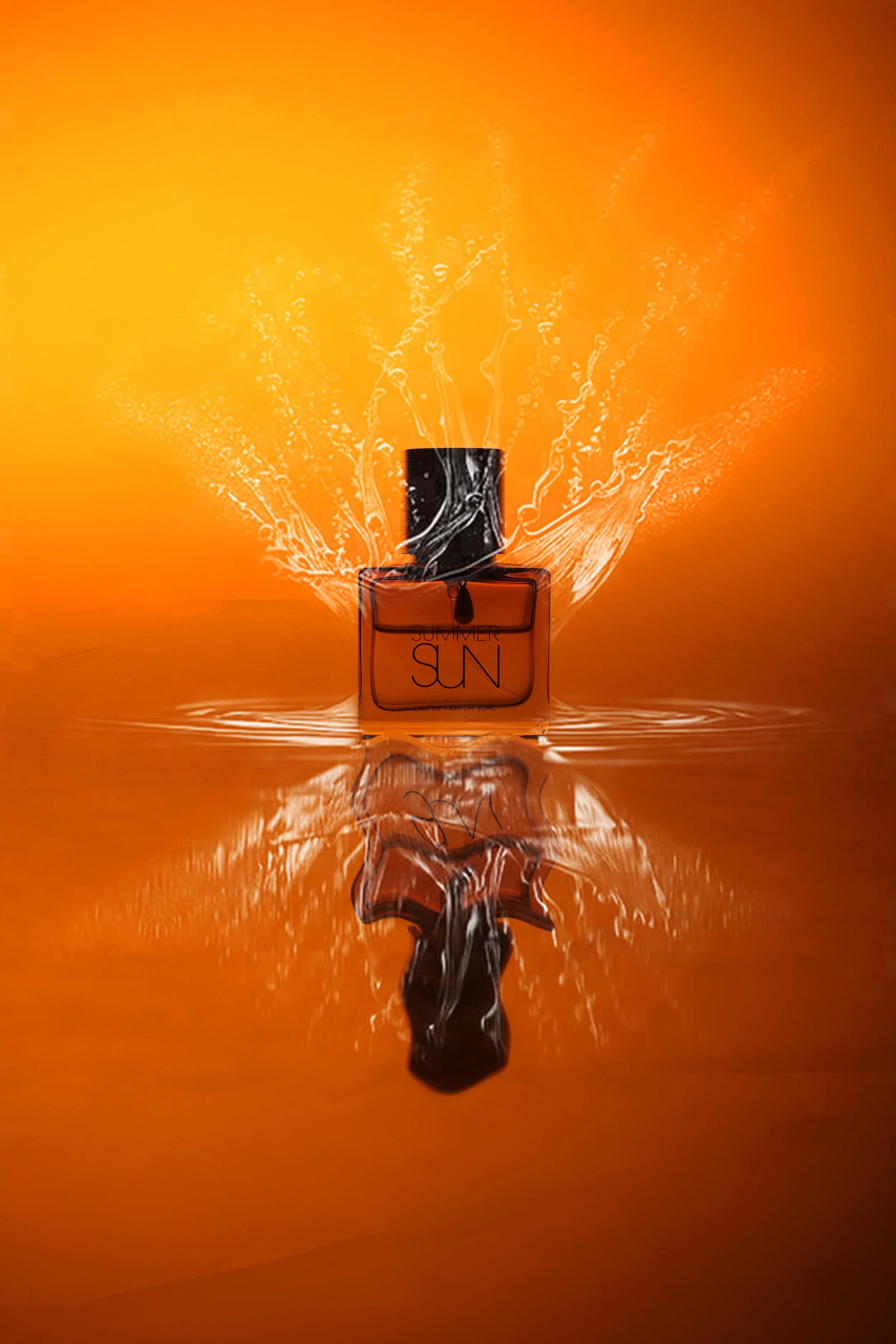 A black perfume bottle labeled 'SUMMER SUN' with water splashing around it on an orange background.
