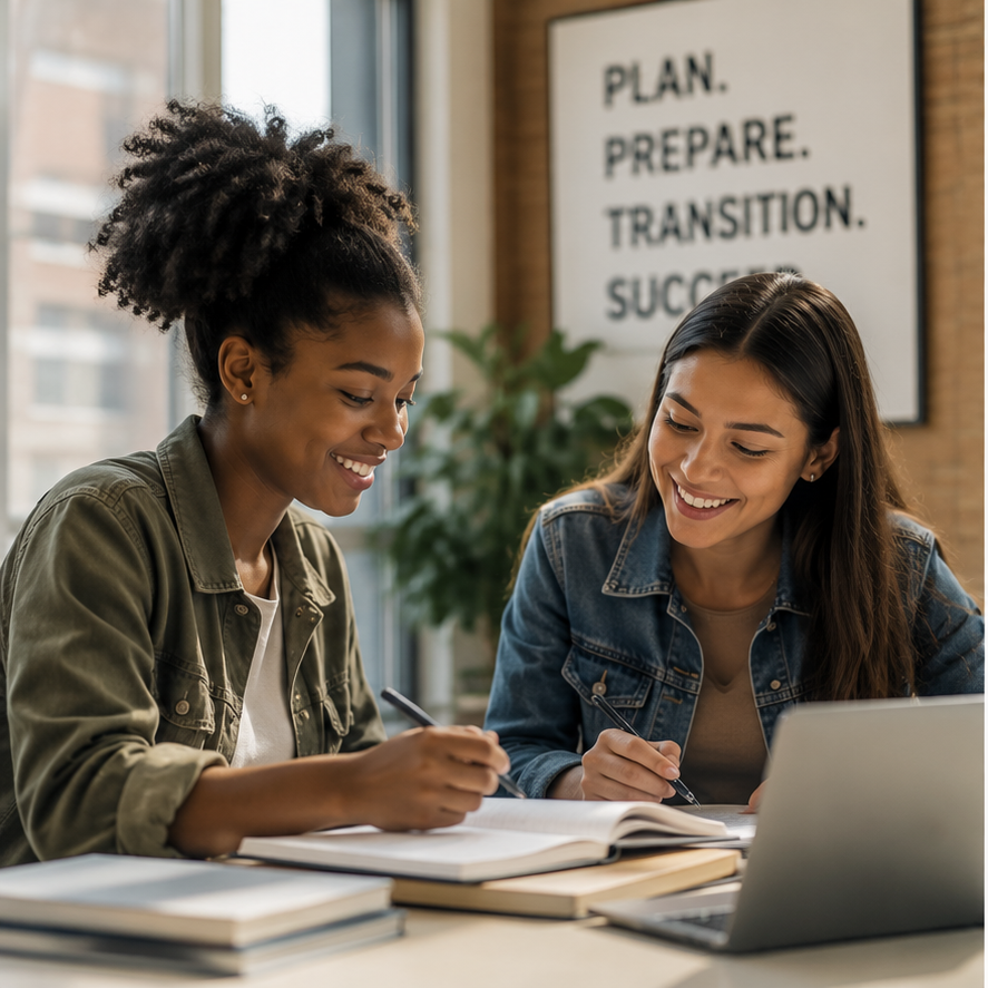 Two women studying together at a table, smiling, with notebooks, a laptop, and a poster in the background that reads 'Plan. Prepare. Transition. Succeed.'