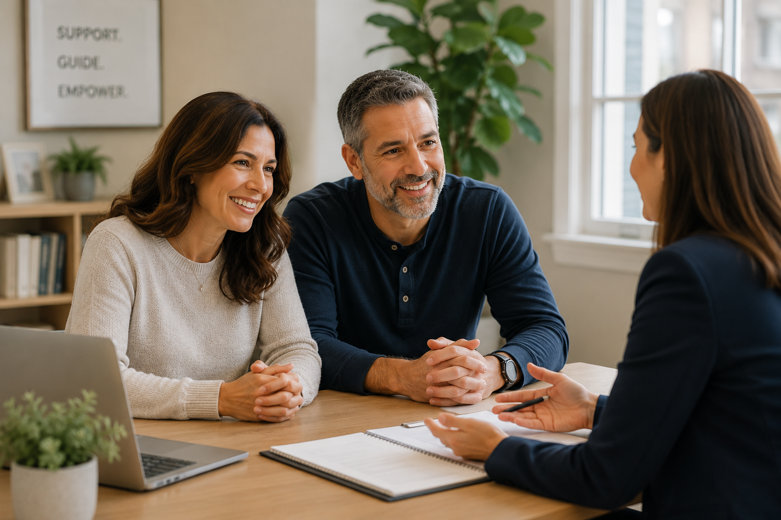 A couple attending a counseling session with a therapist in a well-lit office, smiling and engaging in conversation.