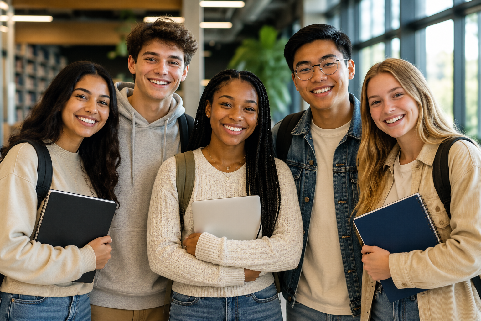 group of five diverse smiling high school students standing together in a school library, holding notebooks and laptops.