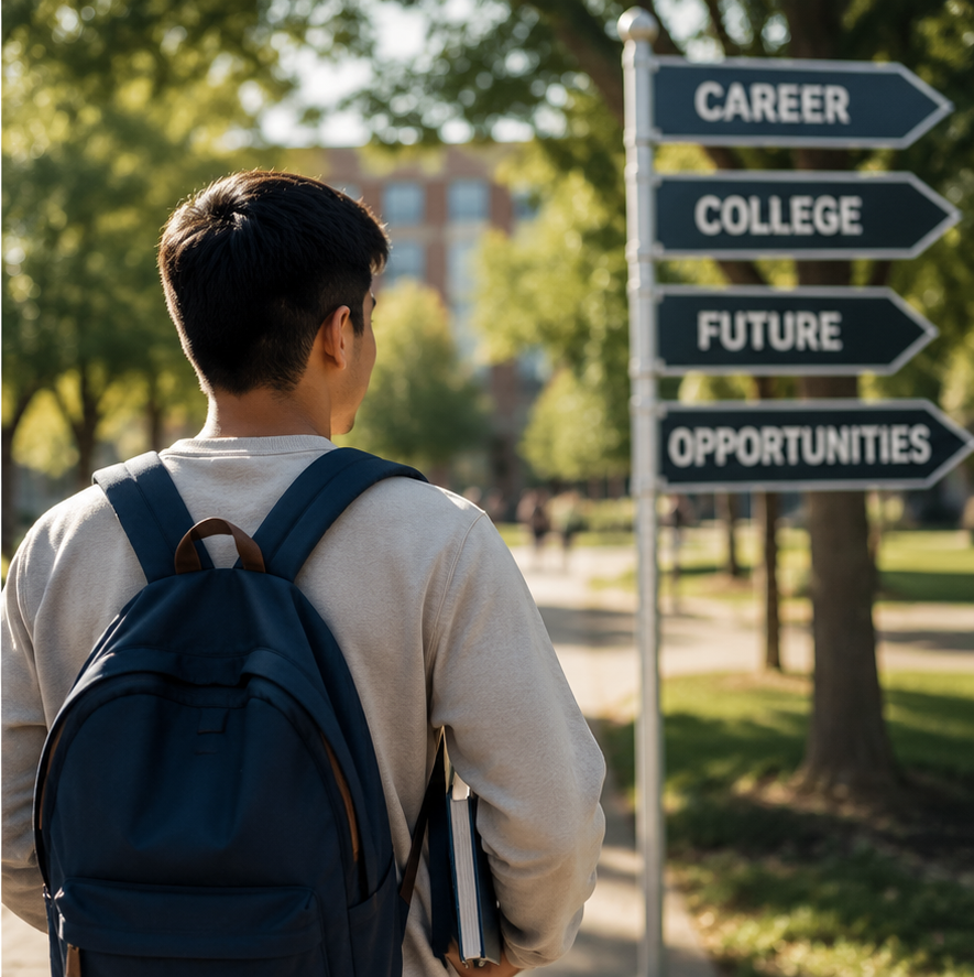 A young man with a backpack looking at a directional signpost with arrows labeled 'Career', 'College', 'Future', and 'Opportunities' in a park on a sunny day.