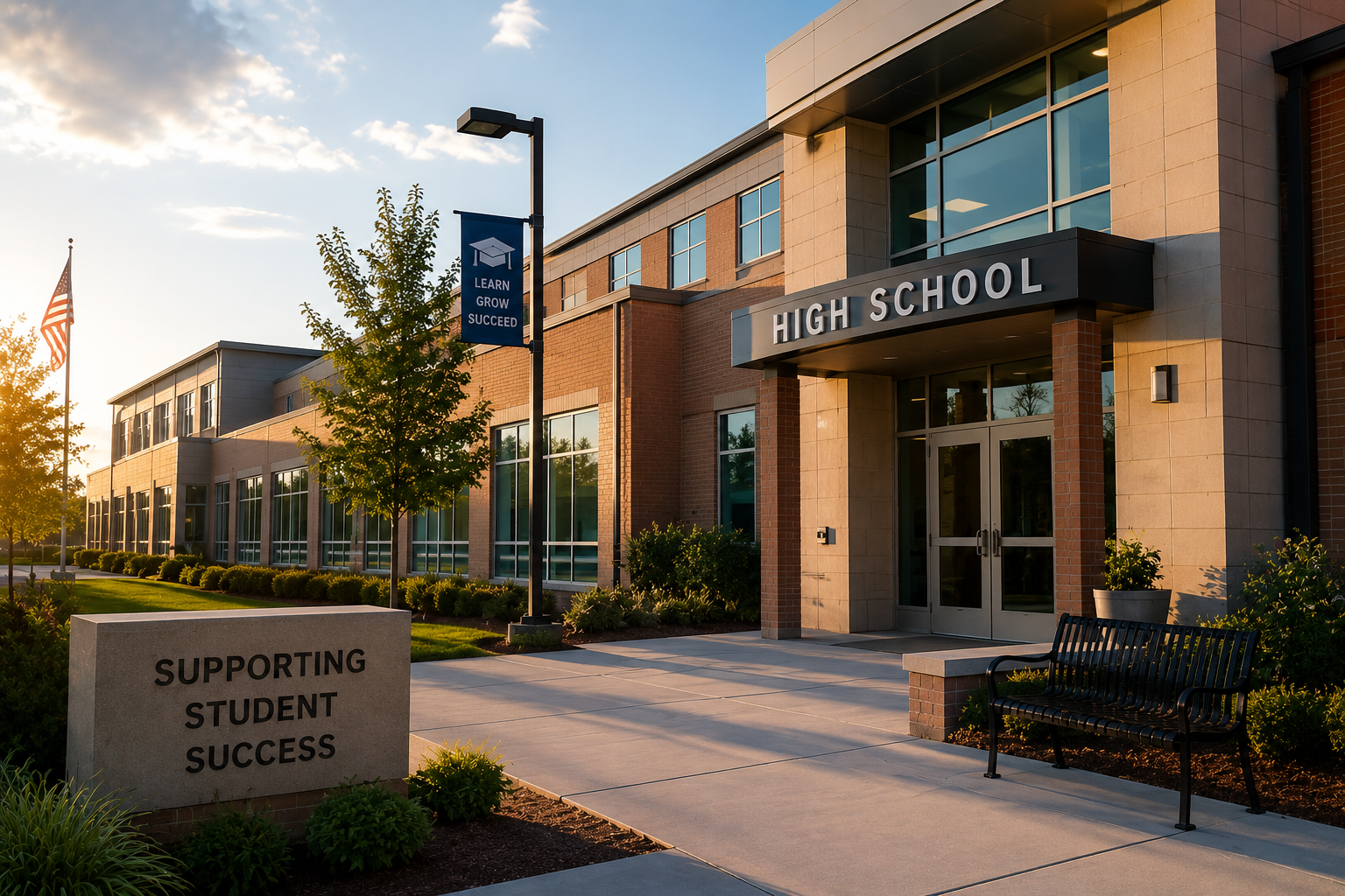 Exterior view of a modern high school building during sunset. There is a sign that reads 'High School' above the entrance. A black bench is nearby, and a stone sign in the grass says 'Supporting Student Success.' A flagpole with an American flag and a banner that reads 'Learn Grow Succeed' are also visible.