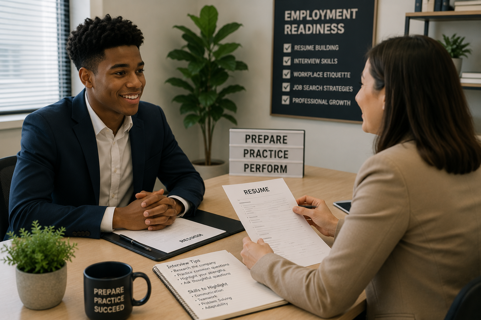A young man in a navy suit sitting at a desk during a job interview, smiling and listening to a woman holding a resume. The setting is an office with a window, a potted plant, and a blackboard with employment readiness tips.