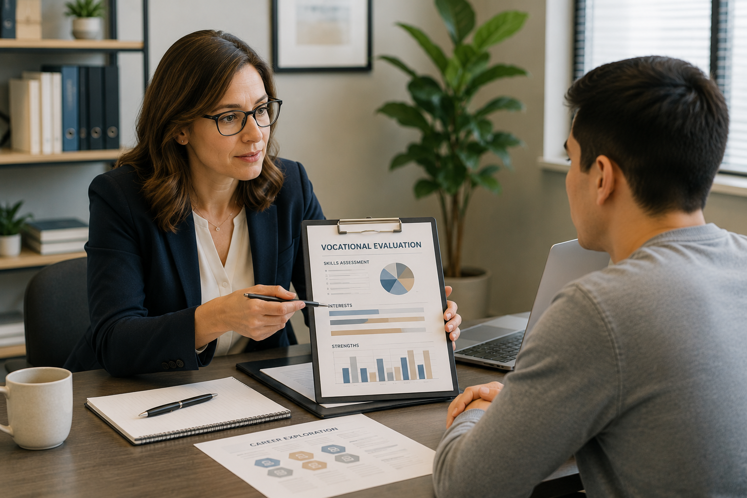 A woman in professional attire conducting a vocational evaluation with a young man in an office setting. She holds a clipboard showing skills assessments and graphs, while the man listens attentively.