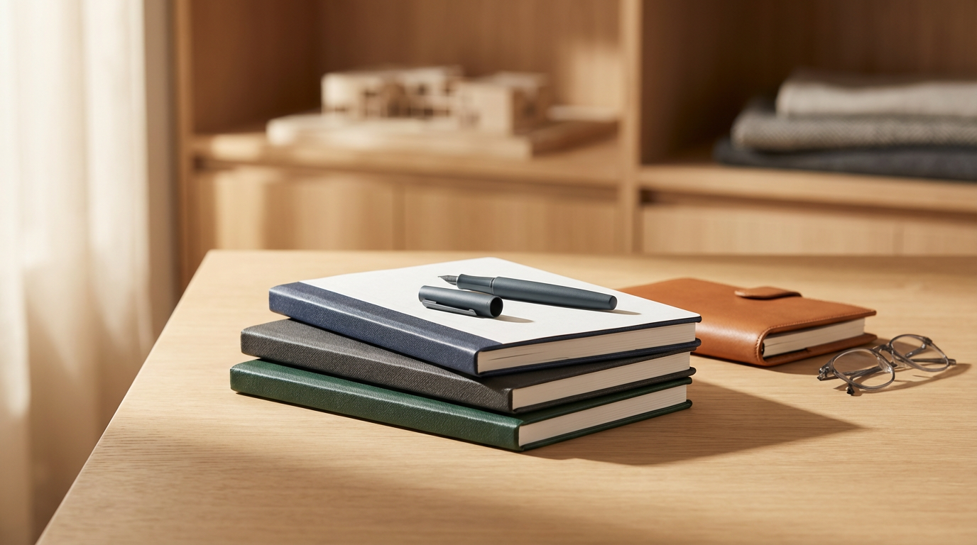 Stack of four closed notebooks with a pen and cap on top, a leather notebook, and a pair of glasses on a wooden desk.