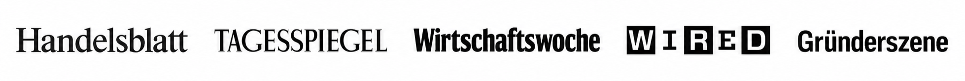 Verschiedene deutsche Medienlogos, darunter Handelsblatt, Tagesspiegel, Wirtschaftswoche, Wired und Gründerszene.