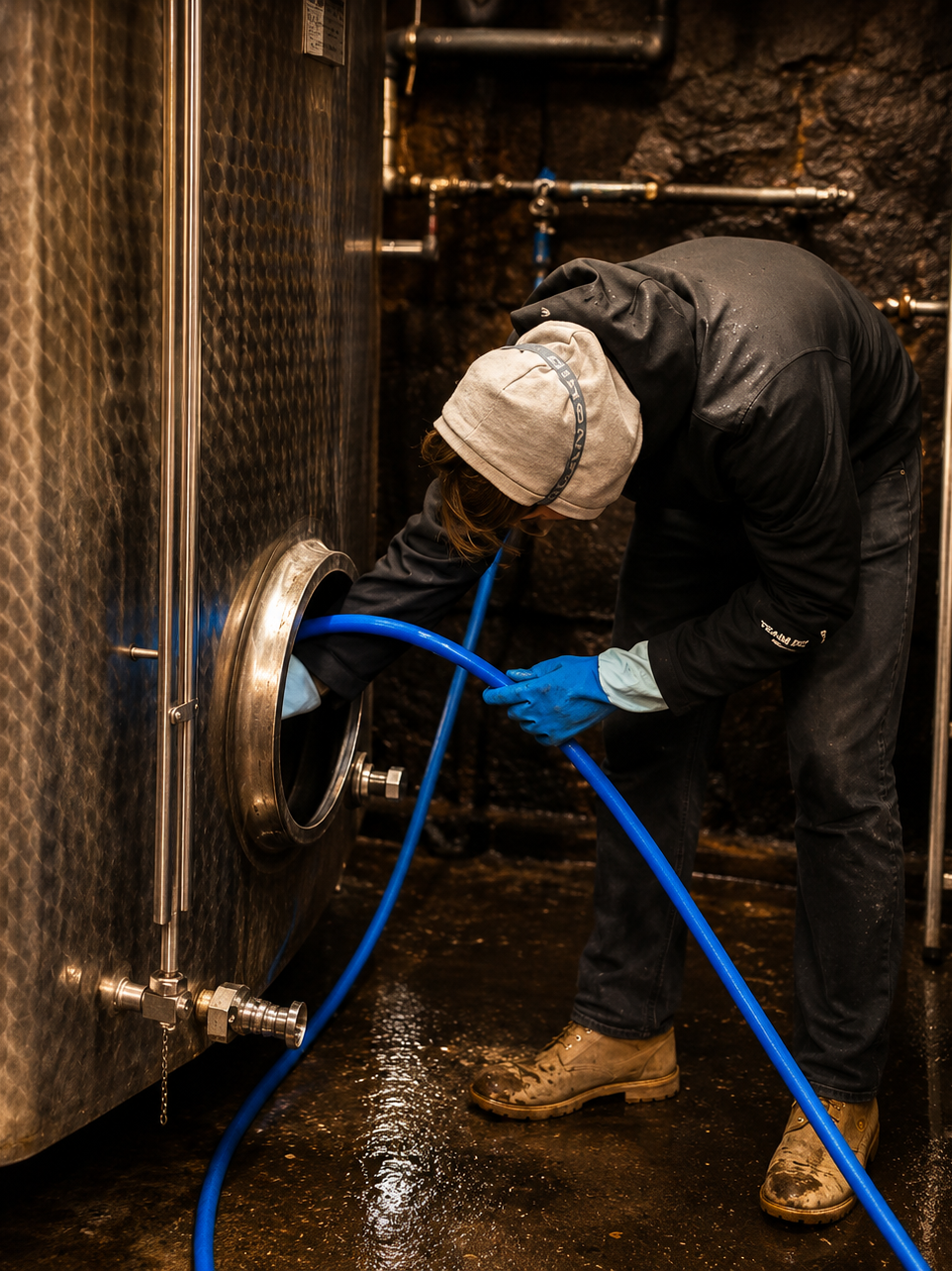 Eine Person inblauer Schutzhandschuhen, grauem Hoodie, schwarzer Jacke, muschelförmiger Mütze und braunen Arbeitsschuhen reinigt ein großes Edelstahlbehältnis mit einem blauen Schlauch in einer dunklen, metallischen Umgebung.