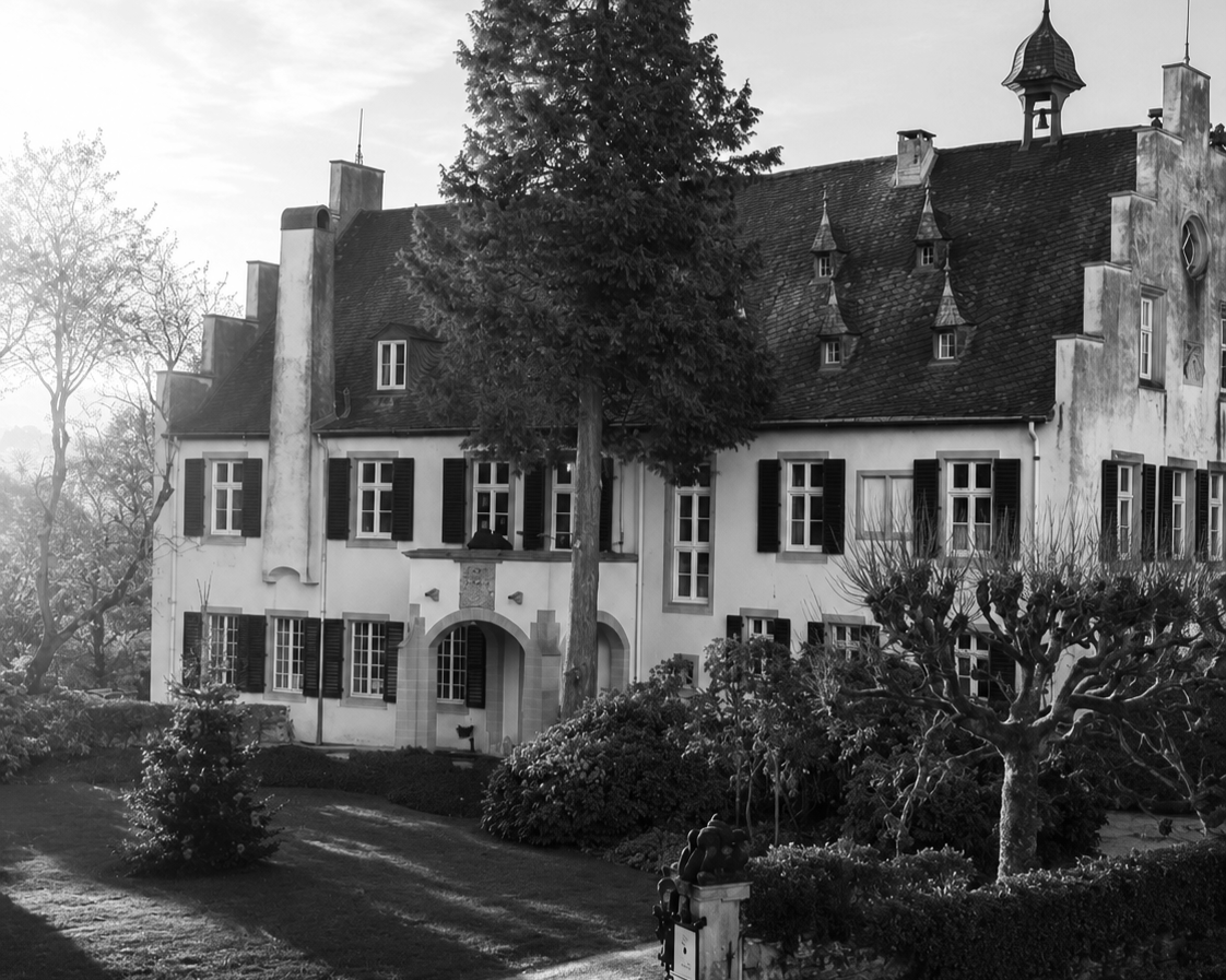 Ein altes, historisches Schloss mit mehreren Türmen und schwarzen Fensterläden, umgeben von Bäumen und einem gepflegten Garten.