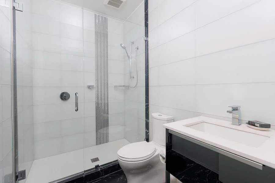 Modern bathroom with a walk-in shower, toilet, and white vanity with a sink.