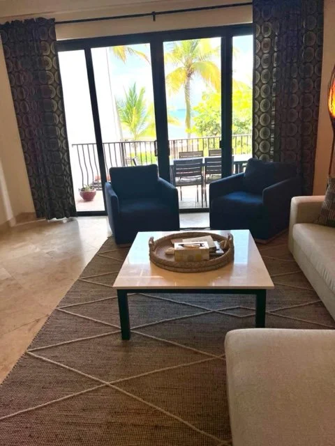 Living room with a view of tropical palm trees and the ocean through sliding glass doors and a balcony.