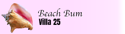A pink seashell with a smaller yellow shell inside it, next to the text 'Beach Bum Villa 25' on a pink background.