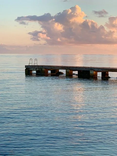 A wooden dock extends into calm ocean water with steps leading into the water, under a sky with pink and orange clouds during sunset.