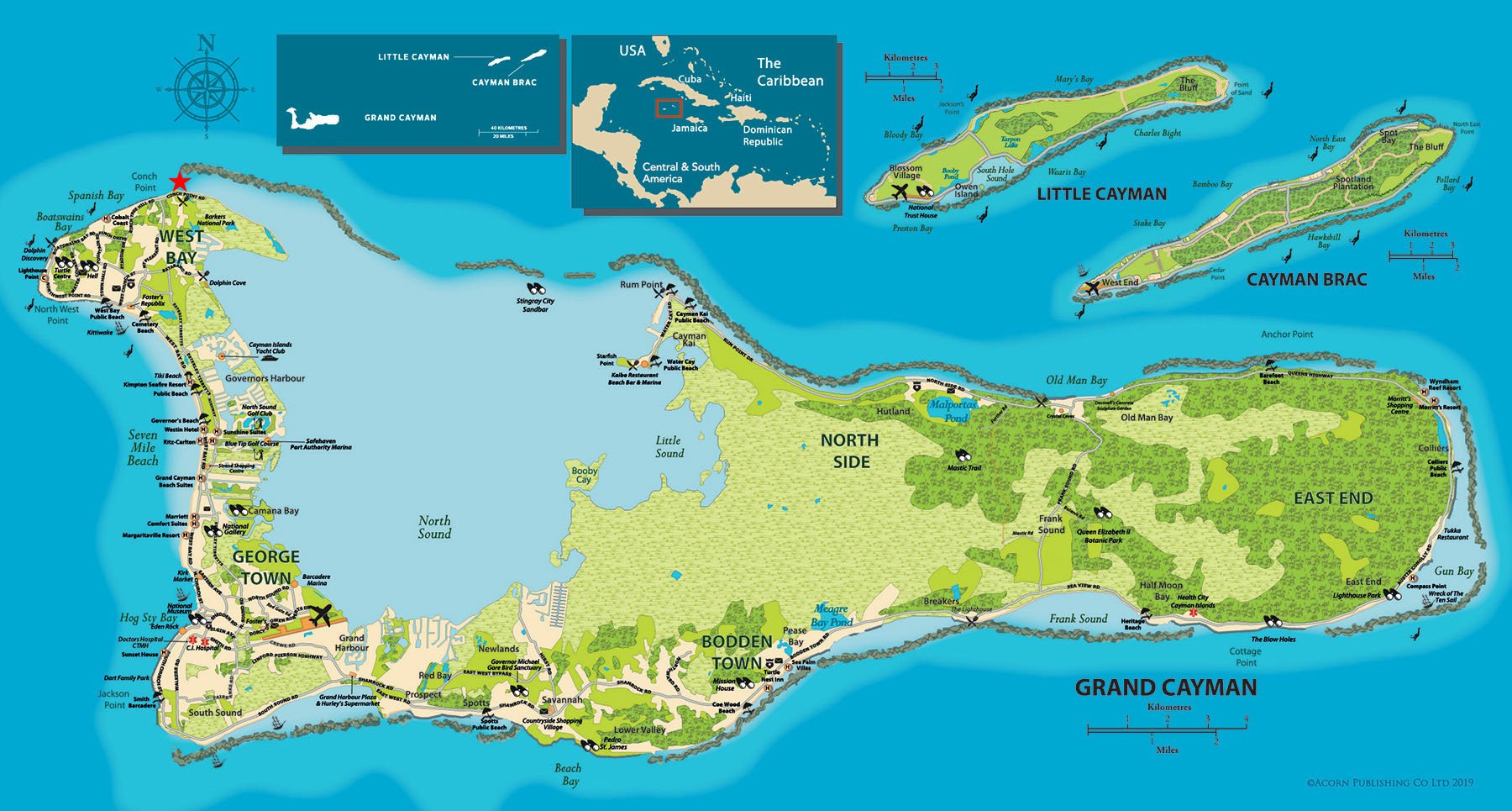 Map of Grand Cayman highlighting different districts including West Bay, George Town, Bodden Town, North Side, East End, and Otres from a tourist guide map. The map includes landmarks, beaches, parks, and points of interest.