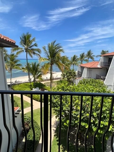 View from a balcony showing palm trees, a sandy beach, ocean, and blue sky with some clouds, with parts of neighboring buildings with red roofs.