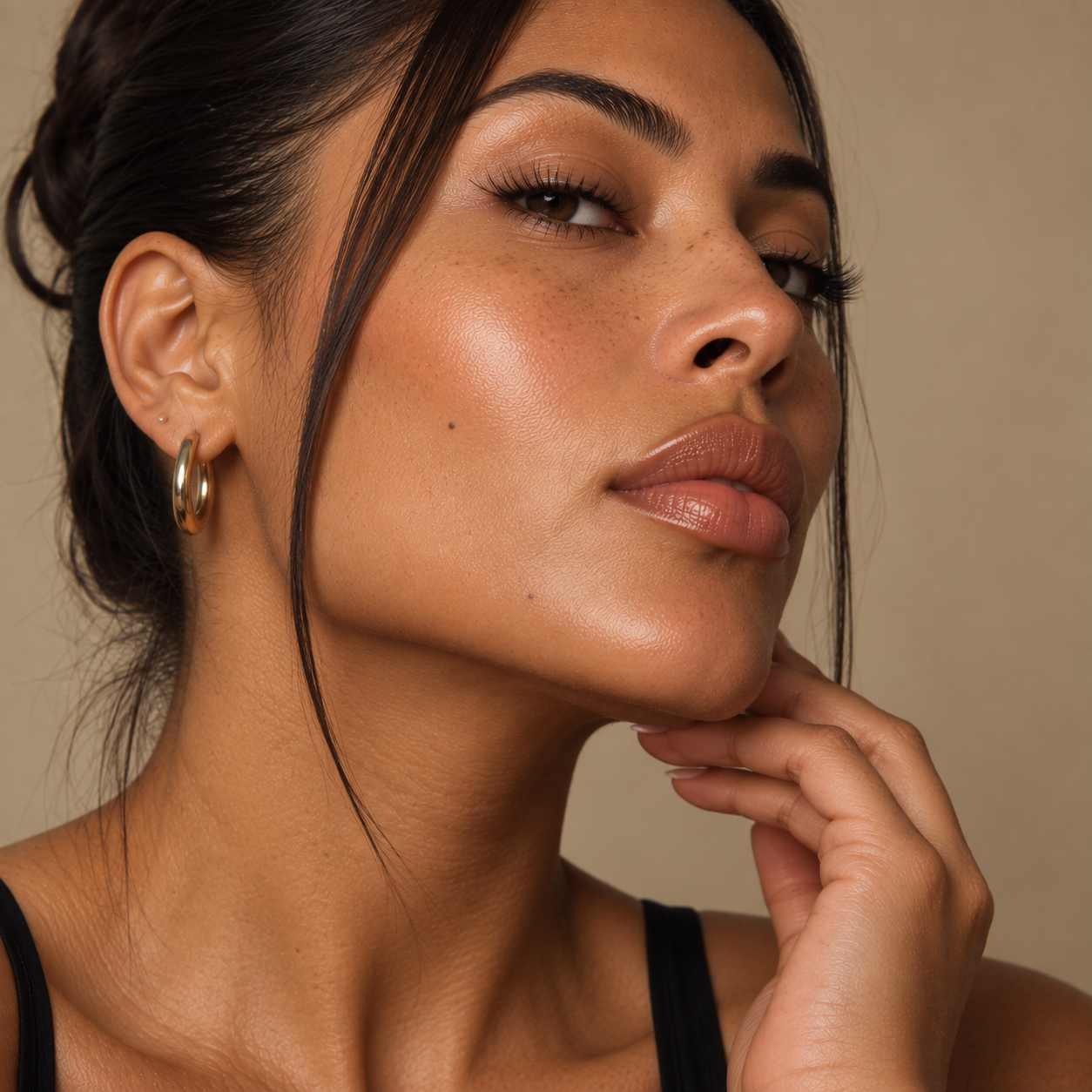 Close-up three-quarter portrait of a Latina woman highlighting her defined jawline and chin, representing personalised dermal filler treatments for facial structure and contour at LuxéPrive Aesthetics.