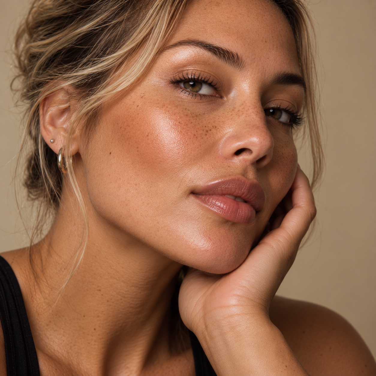 Close-up portrait of a light-skinned woman with freckles and glowing skin, representing cheek filler treatments for lift, projection, contour and facial balance at LuxéPrive Aesthetics.