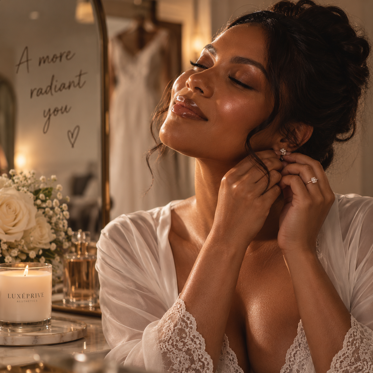 Bride-to-be with glowing skin preparing for her wedding day beauty journey.