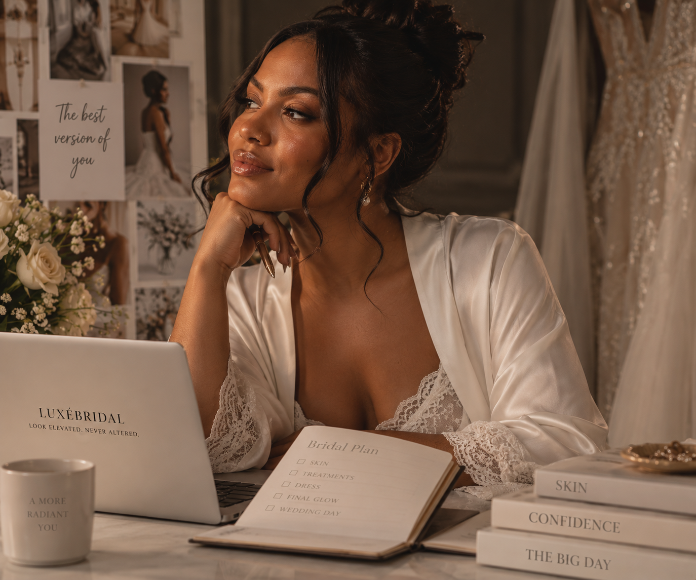 Black bride-to-be planning her personalised bridal beauty journey in an elegant setting.