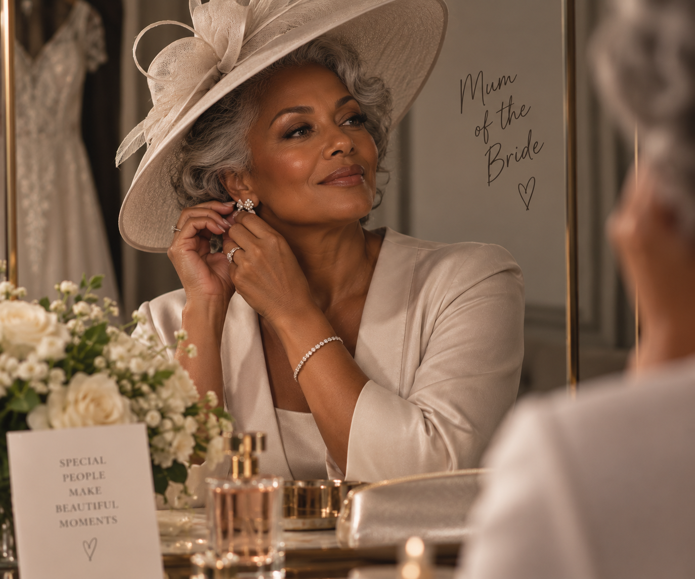 Elegant mature woman with silver hair wearing a statement hat and jewellery, preparing for her daughter's wedding.