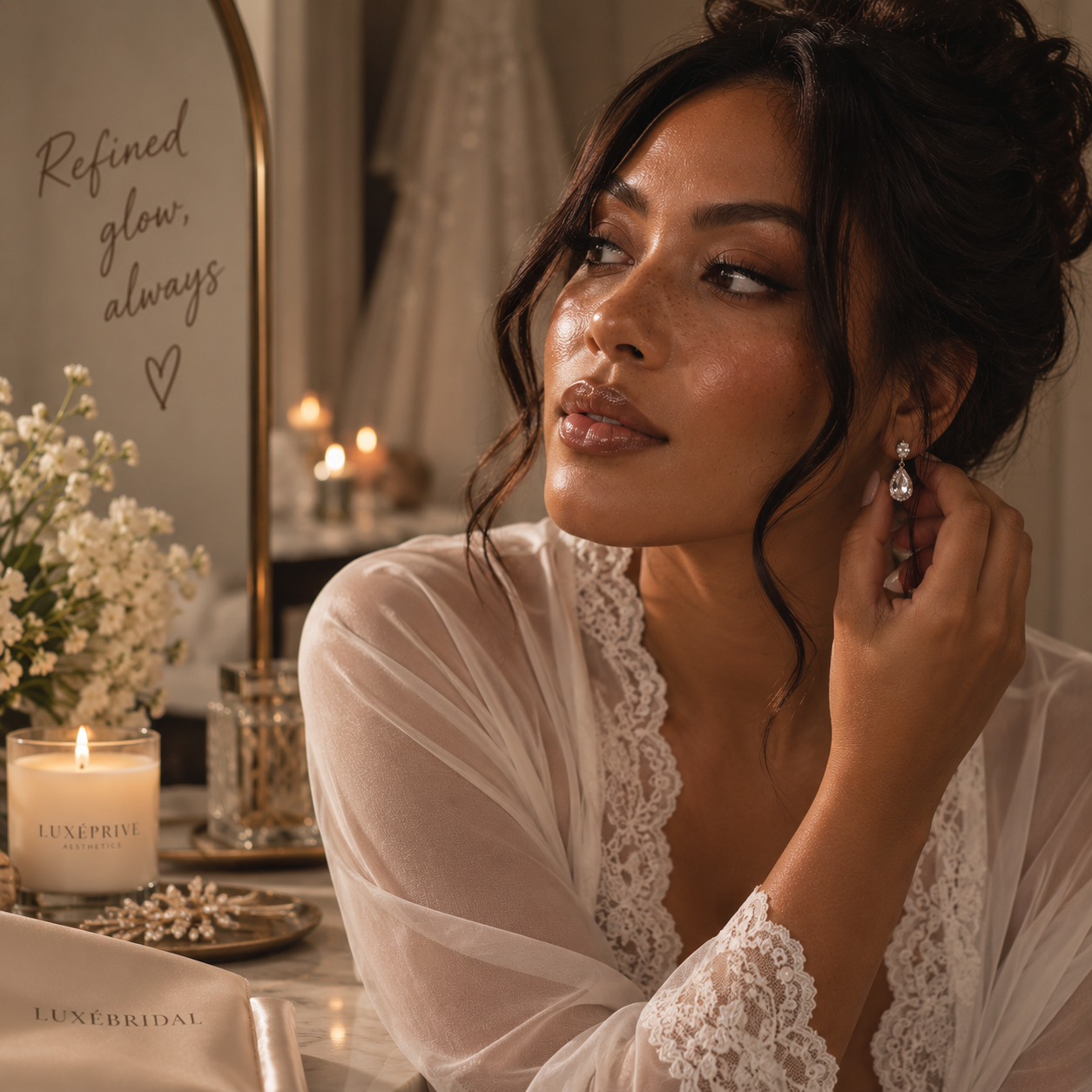 Bride-to-be with radiant skin and elegant makeup during a pre-wedding beauty preparation.