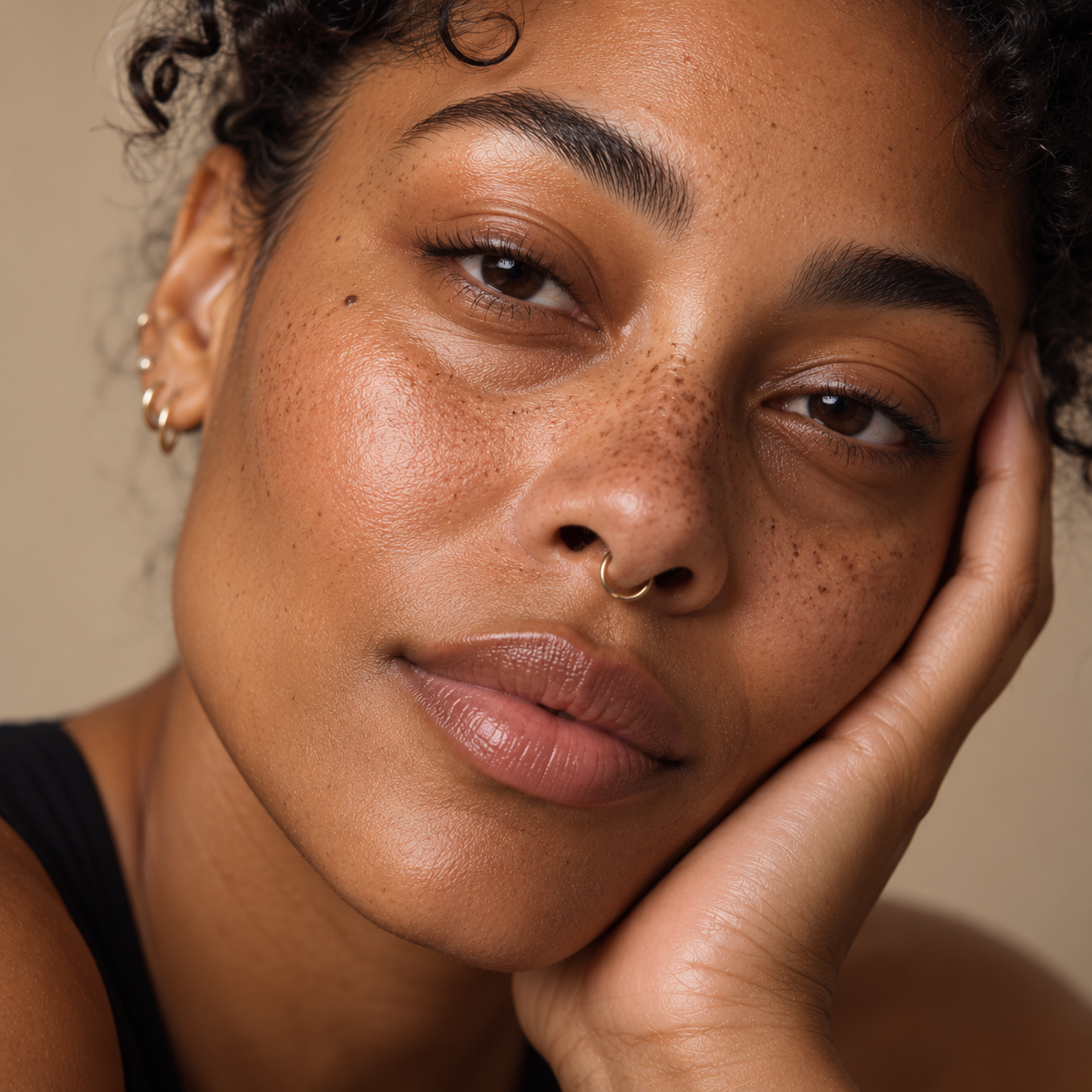 Close-up portrait of a young person with naturally textured, radiant brown skin, representing polynucleotide treatments for skin rejuvenation and improved skin quality at LuxéPrive Aesthetics.