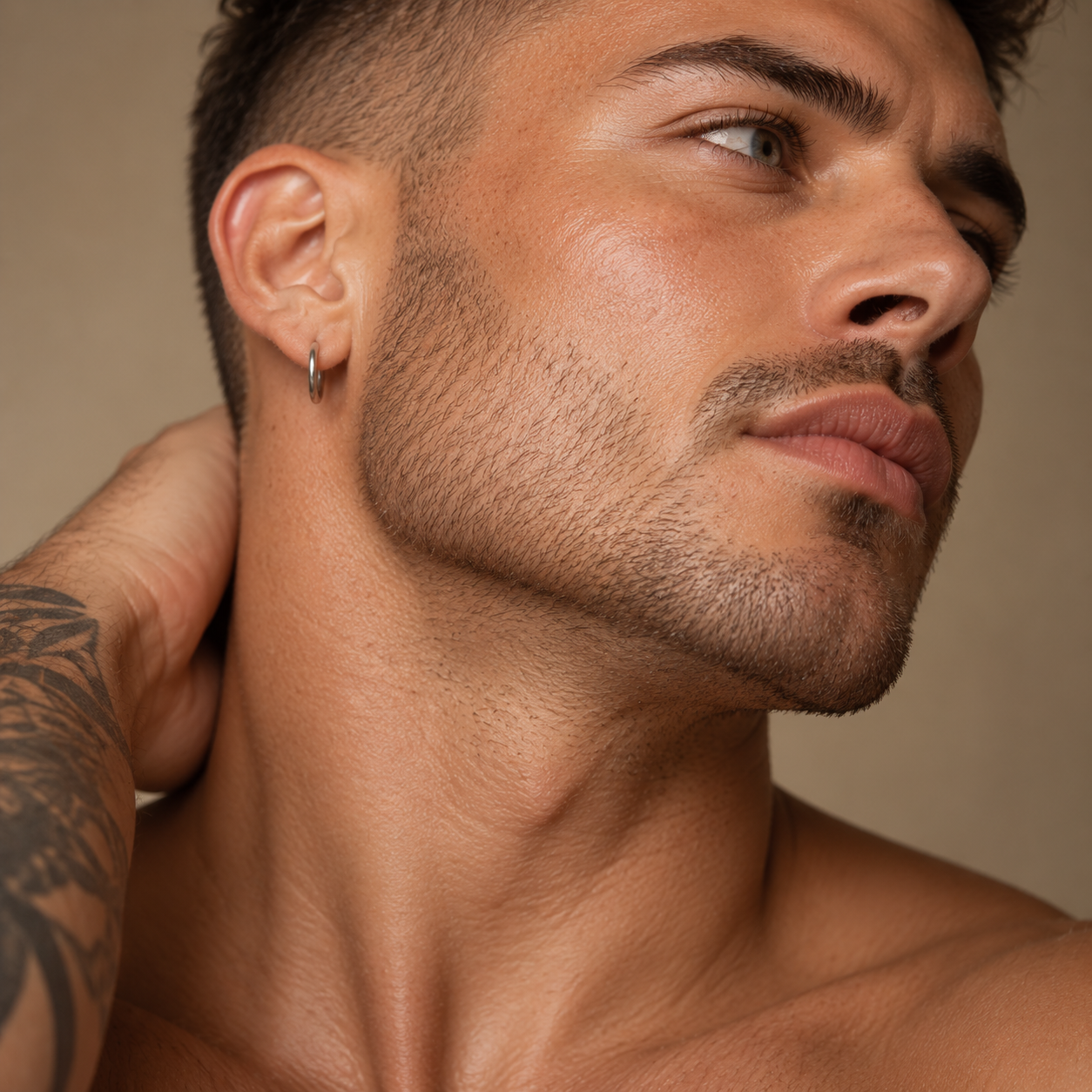 Close-up portrait highlighting a defined jawline and neck, representing jaw and neck rejuvenation and facial contouring treatments at LuxéPrive Aesthetics.