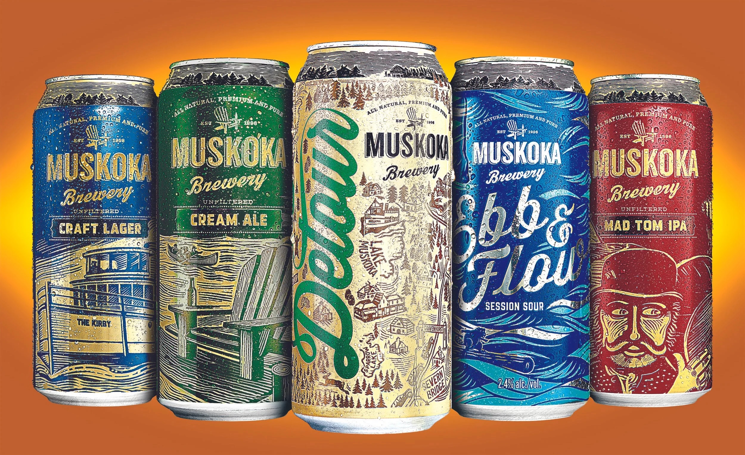 Five cans of Muskoka Brewery craft beer arranged against an orange background.