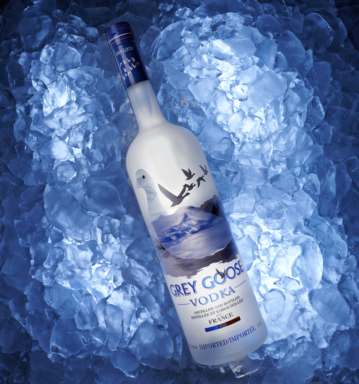 A bottle of Grey Goose vodka lying on ice, with a design on the bottle featuring a flying goose and mountainous scenery, illuminated by a blue-toned light.