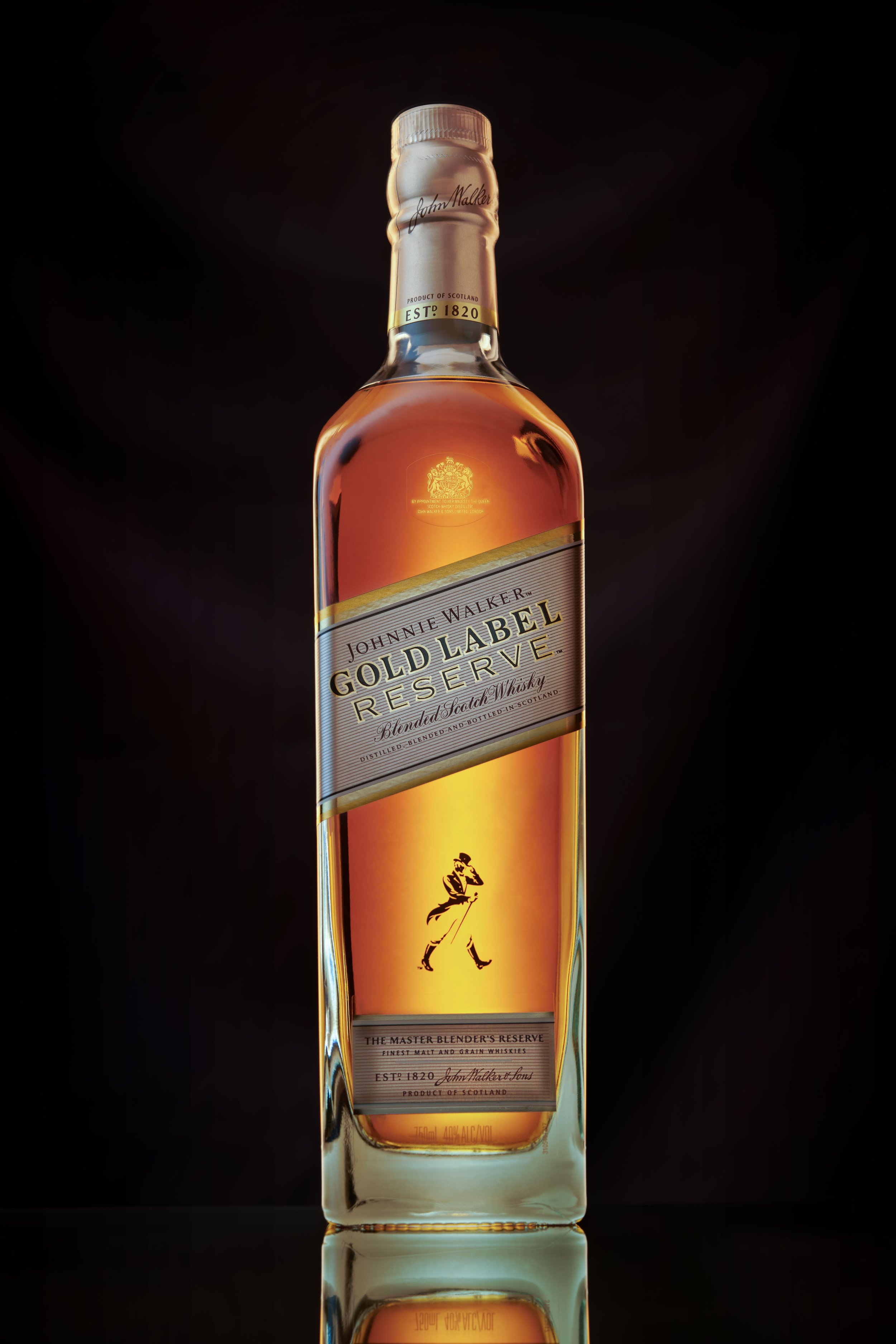 Johnnie Walker Gold Label Reserve whisky bottle photographed for commercial beverage advertising