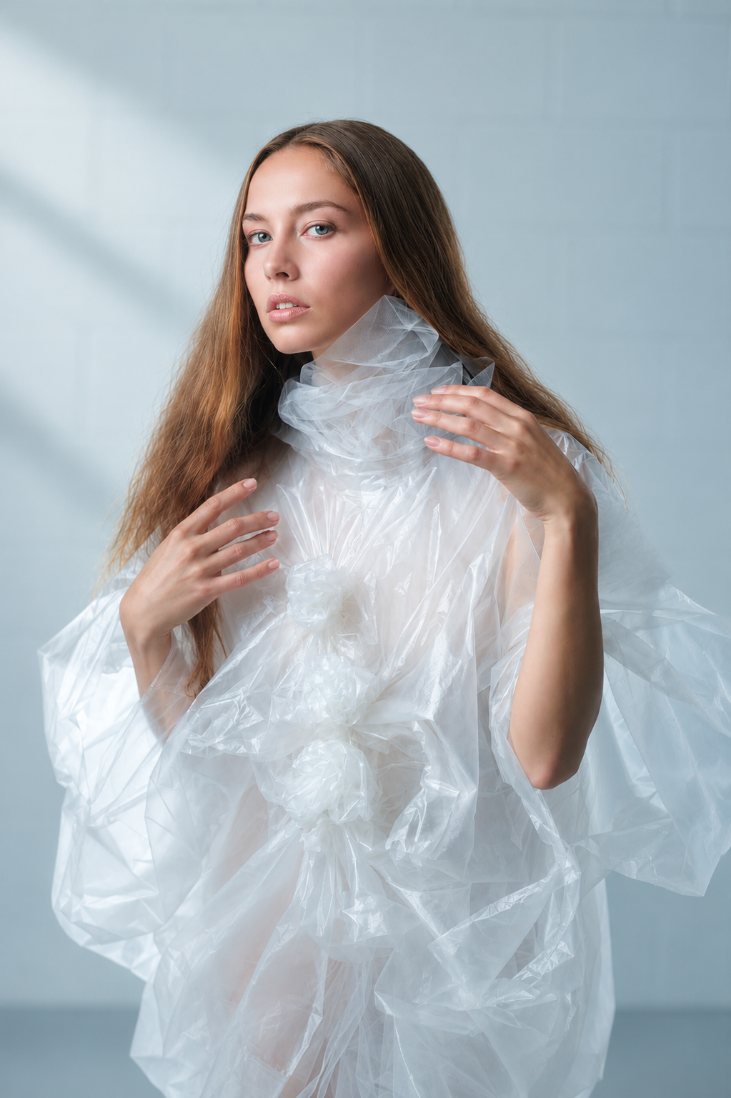 Creative fashion photography featuring a model in an avant-garde translucent white garment against a soft blue background