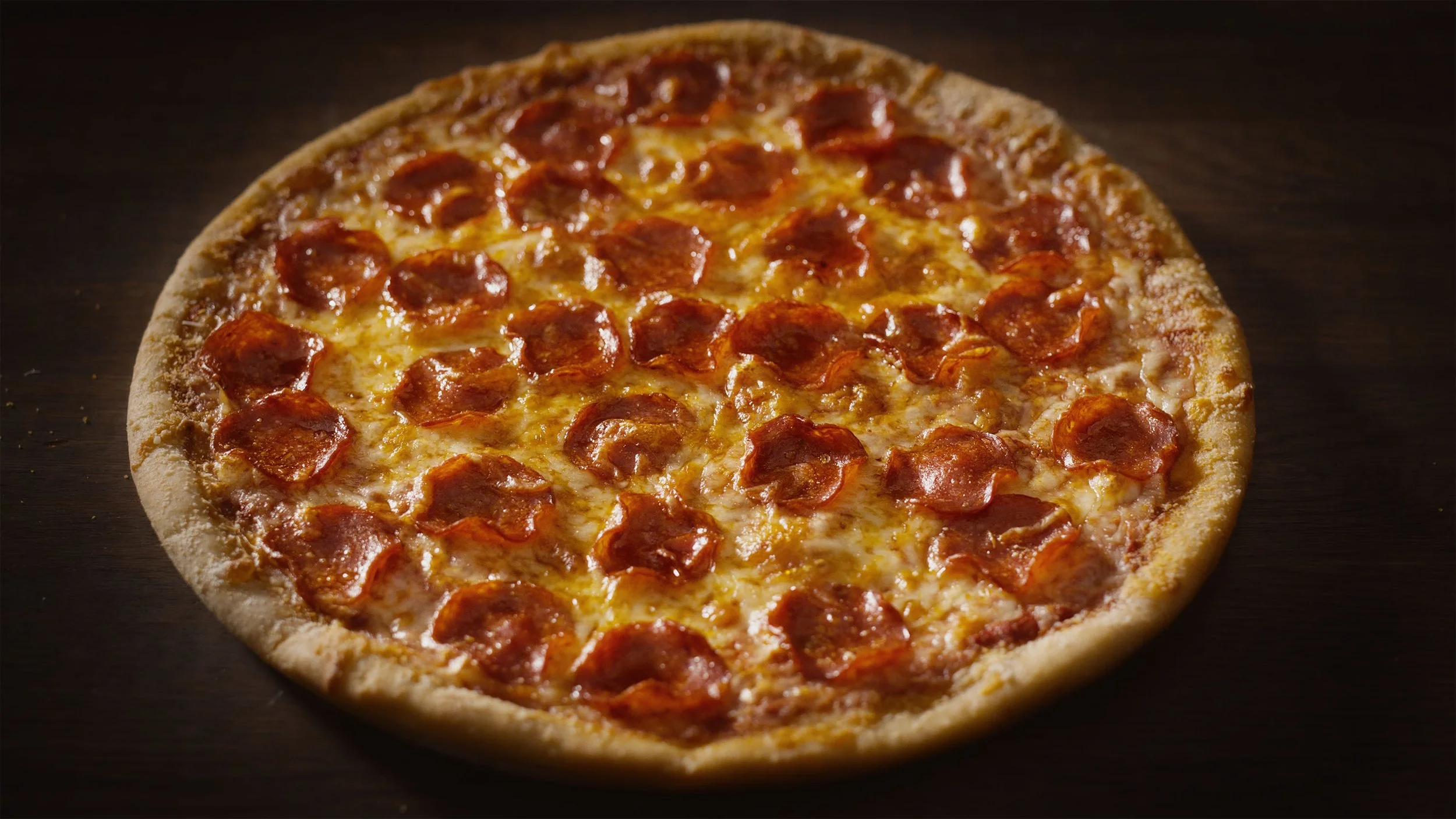 Close-up of a pepperoni pizza with melted cheese on a dark surface.