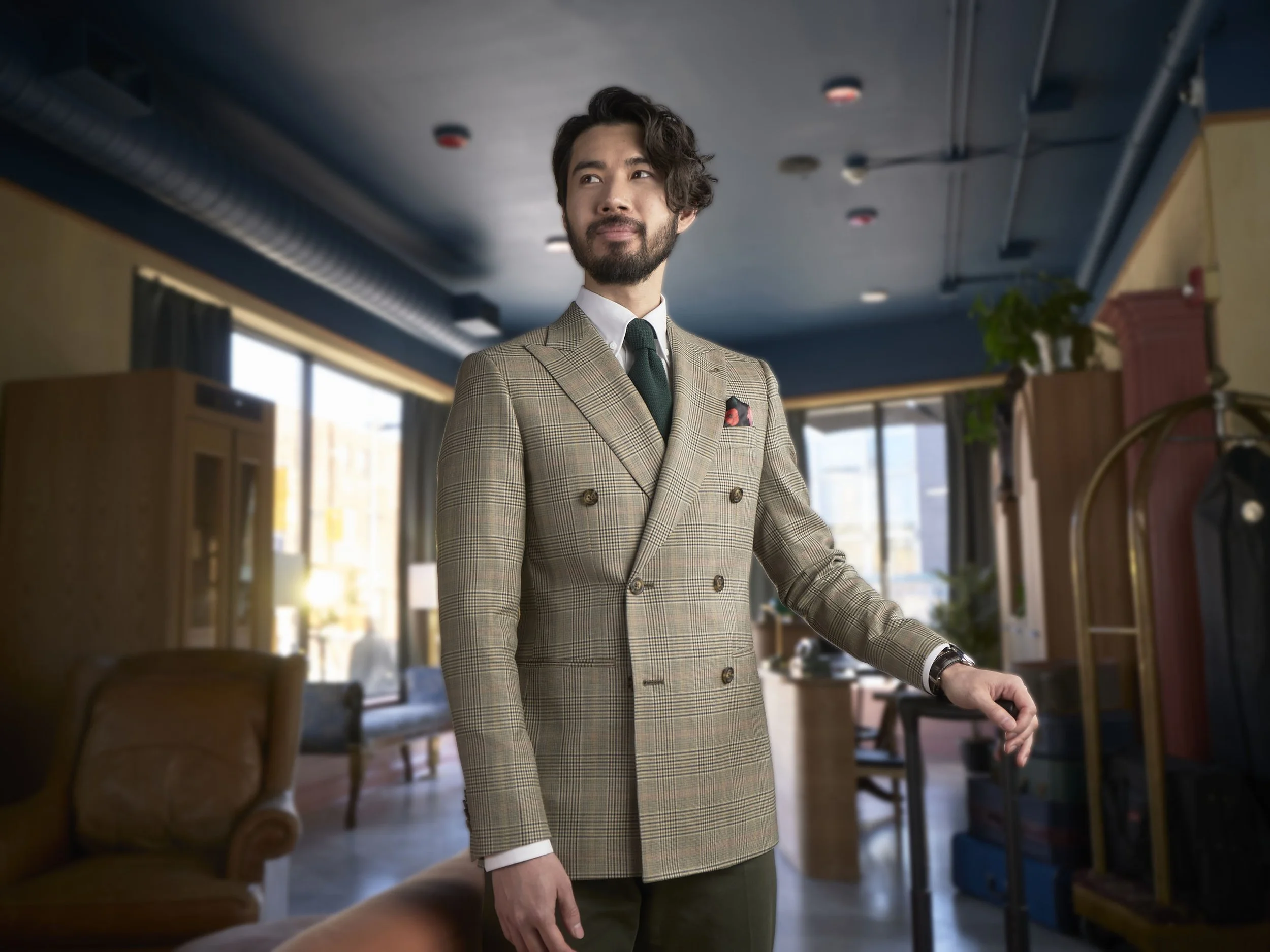 Commercial fashion photography featuring tailored menswear for the Indochino advertising campaign, photographed on location with cinematic lighting.