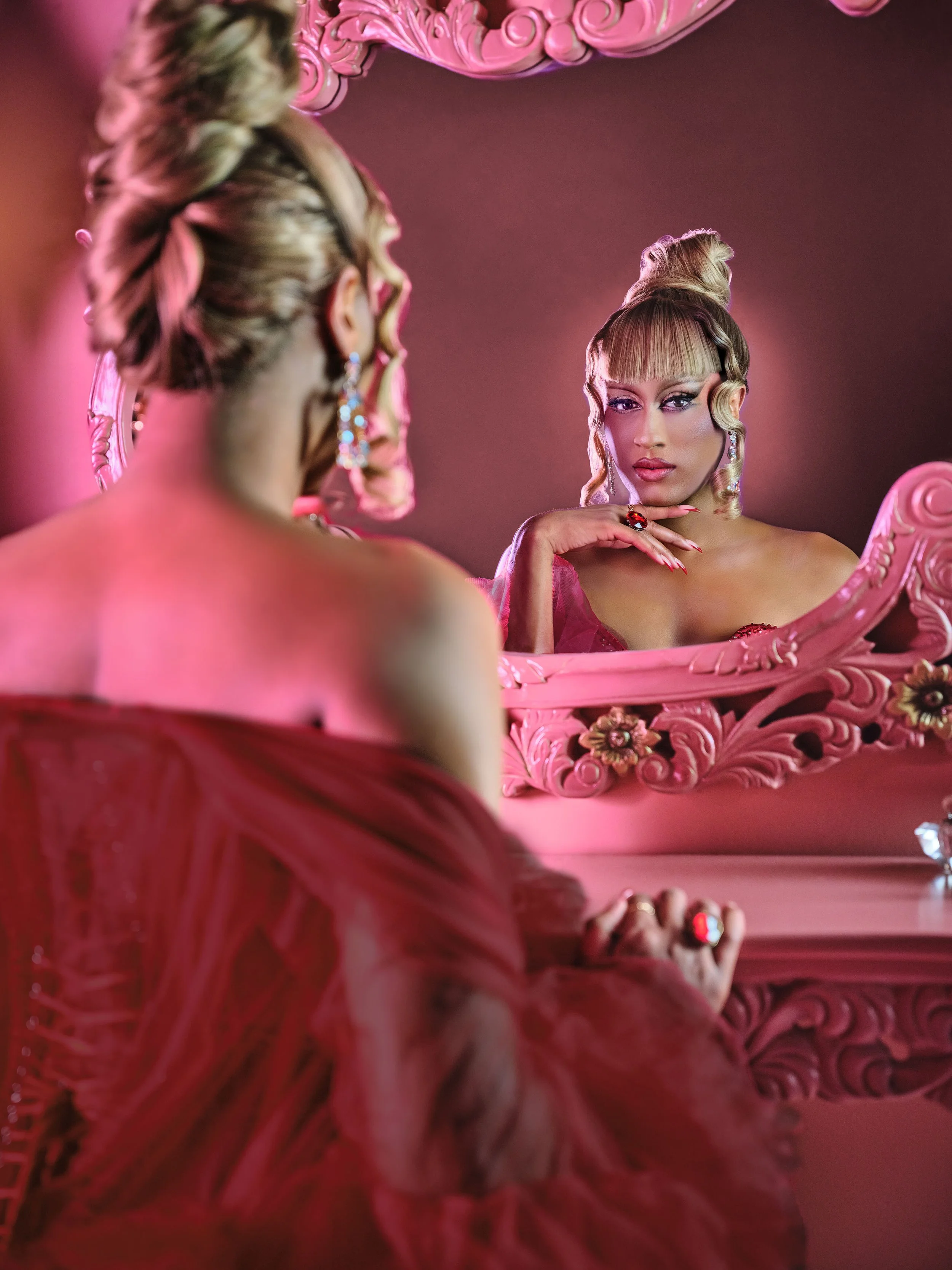 Commercial beauty advertising photography featuring stylized fashion, cosmetics and premium wine branding for the Bodacious Wines and Shiseido campaign with vibrant creative lighting.