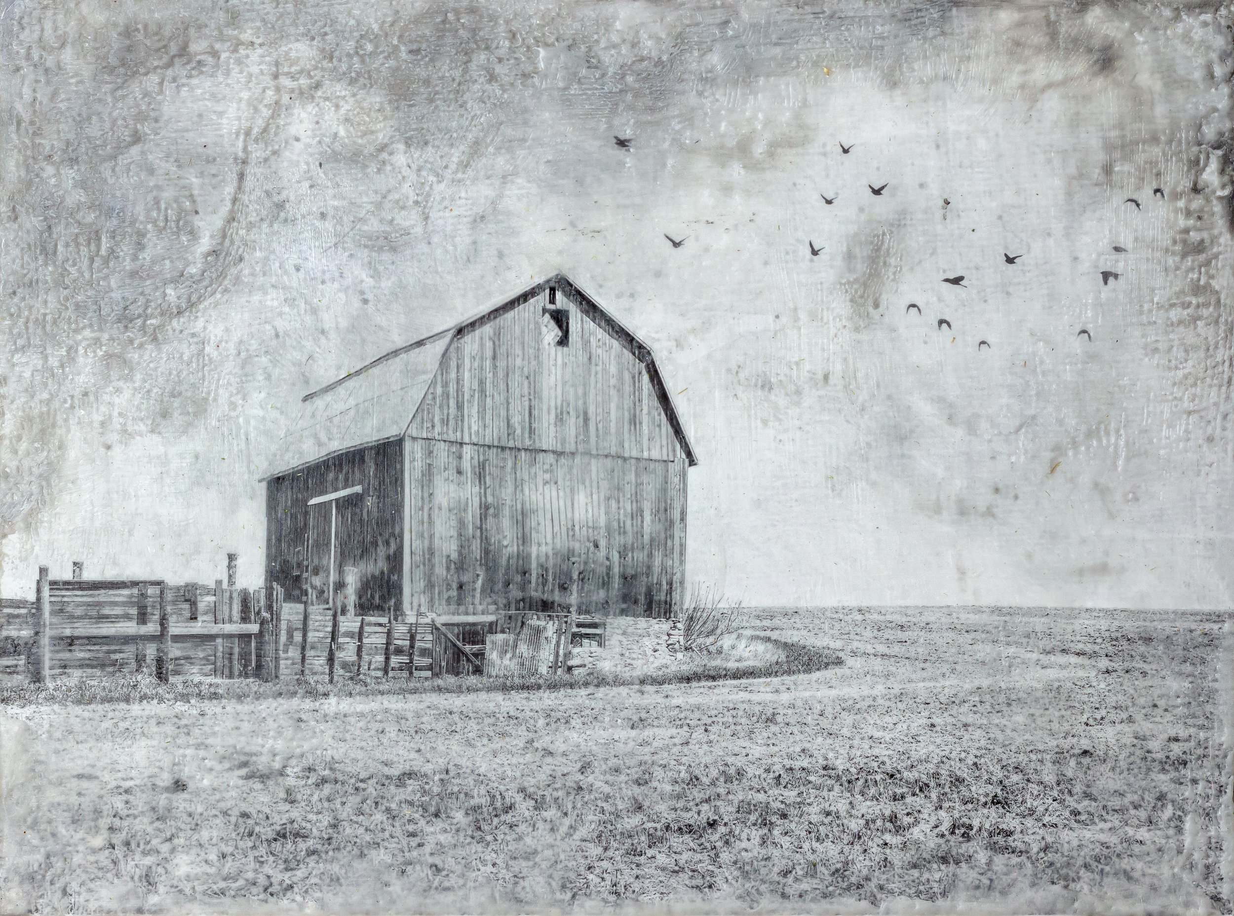 Rustic Elegance: Barn Encaustic Art in Grey Frame
