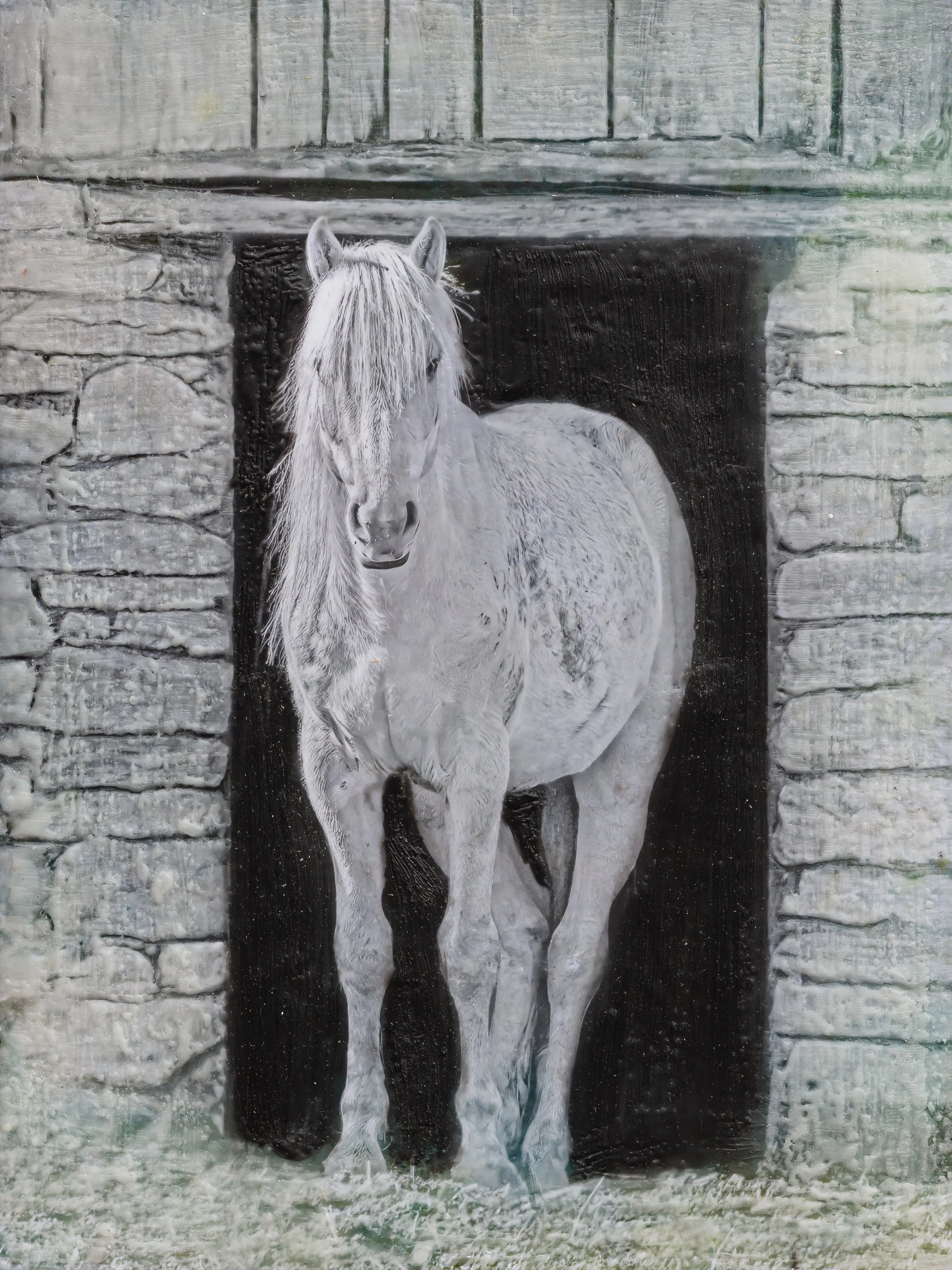 Encaustic Artwork: White Horse in Stable