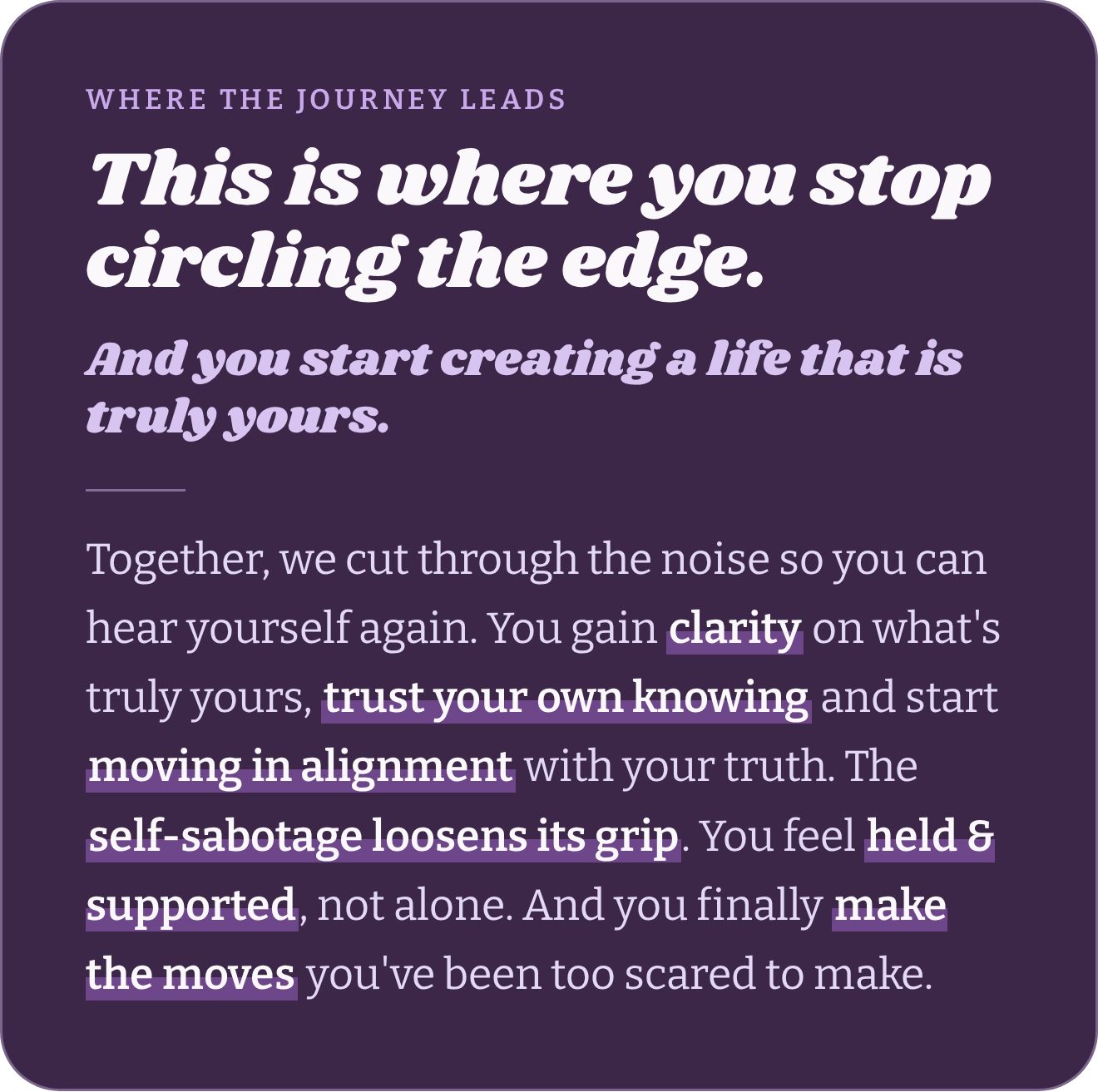 Inspirational quote about personal growth and self-confidence on a purple background, using bold and italicized text.
