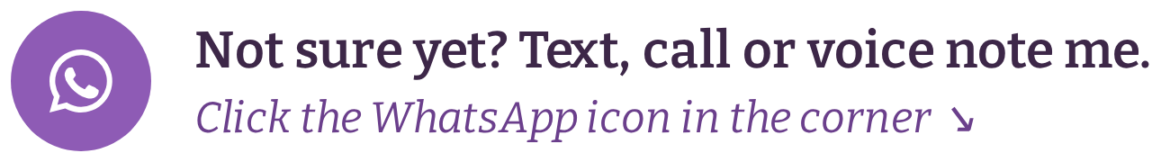 Text message prompt encouraging to contact via WhatsApp if unsure, with WhatsApp icon in purple circle.