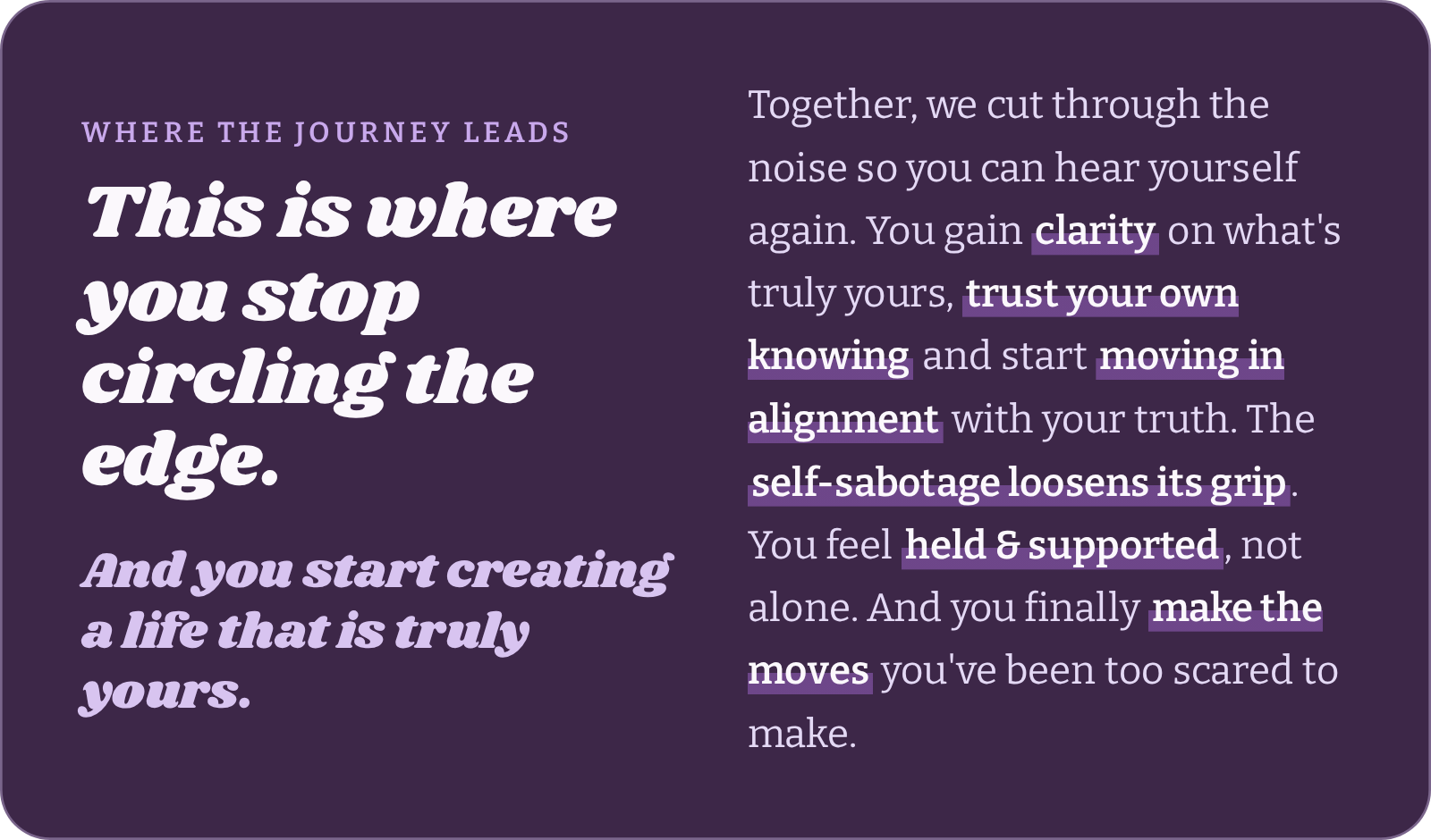 Inspirational quote about personal growth and self-trust, with purple background and white and purple text.