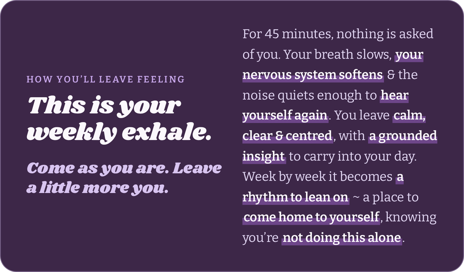 Inspirational quote on a purple background about breathing and stress relief. It emphasizes the importance of regular exhale, feeling calm, and leaving a little more behind each week.