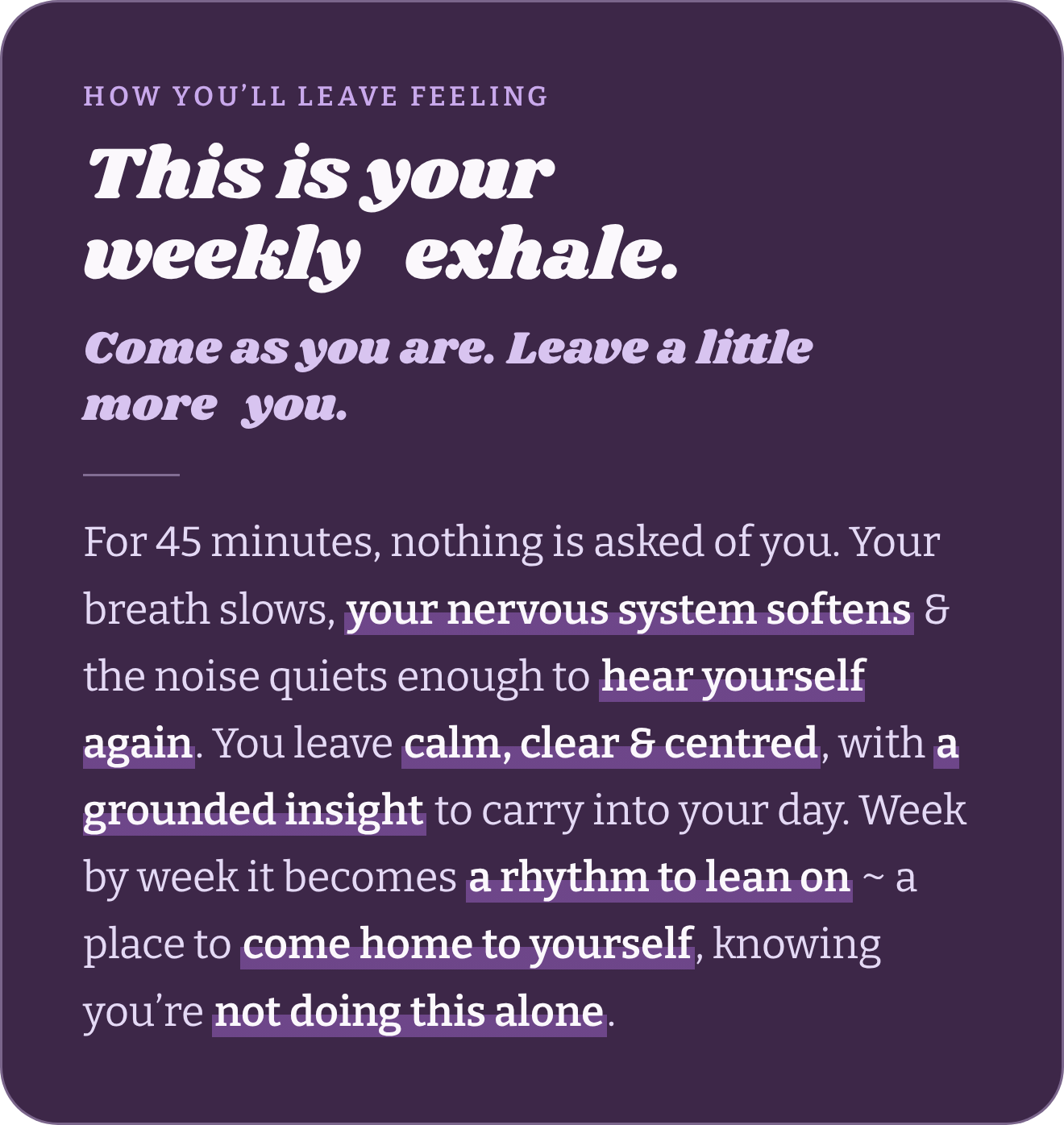 A motivational quote about breathing exercises and mindfulness on a purple background. The text emphasizes letting go of feelings, calming the nervous system, and coming home to oneself.