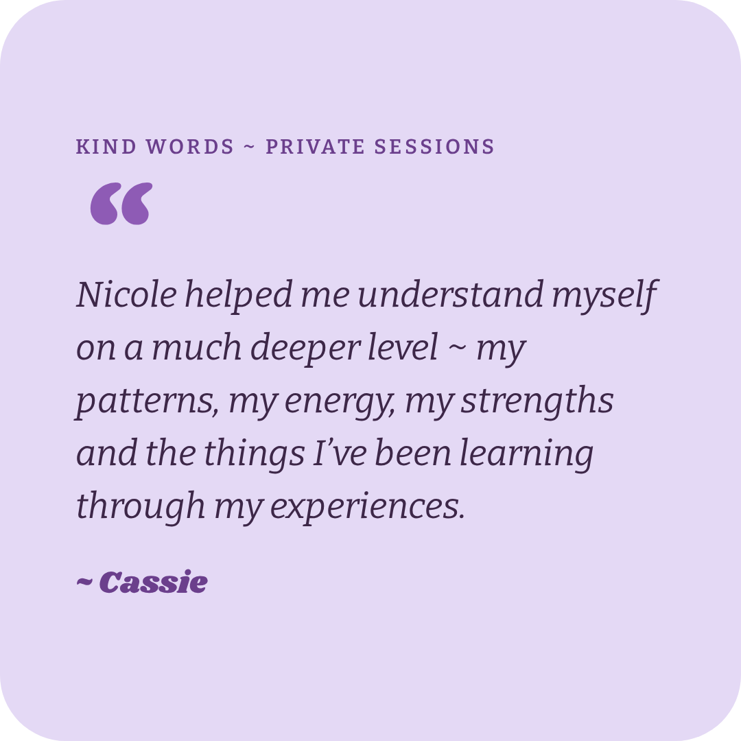 A light purple background with a quote about private therapy sessions, mentioning Nicole and Cassie, in purple and black text.