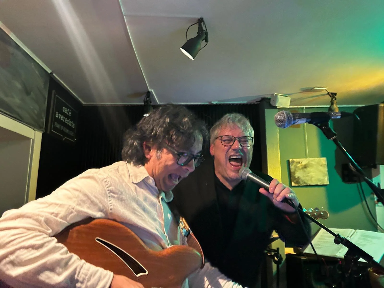 Twee mannen zingen en spelen gitaar tijdens een live optreden in een bar of café, met een microfoon en een muzikale setup.