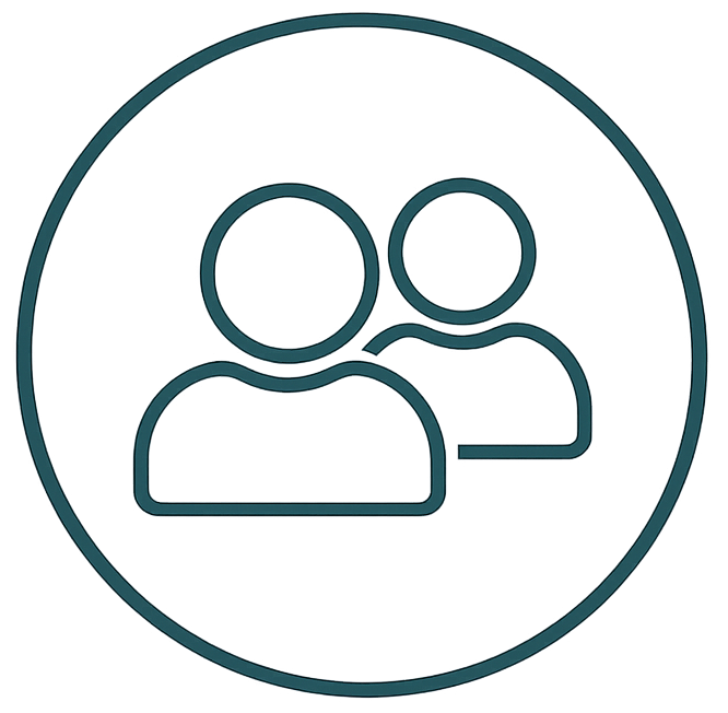 Icon of two stylized people within a circle, representing users or a group.