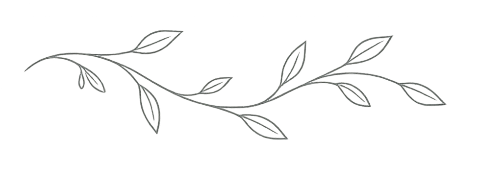 Line drawing of a leafy vine with curved branches and multiple leaves.