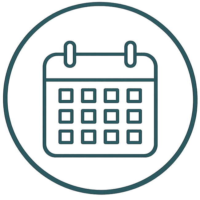 Digital illustration of a calendar icon with a grid of squares, inside a circular frame.
