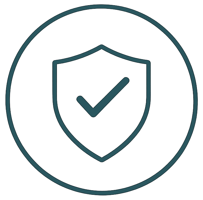 An icon of a shield with a checkmark inside, surrounded by a circle, representing security or protection.