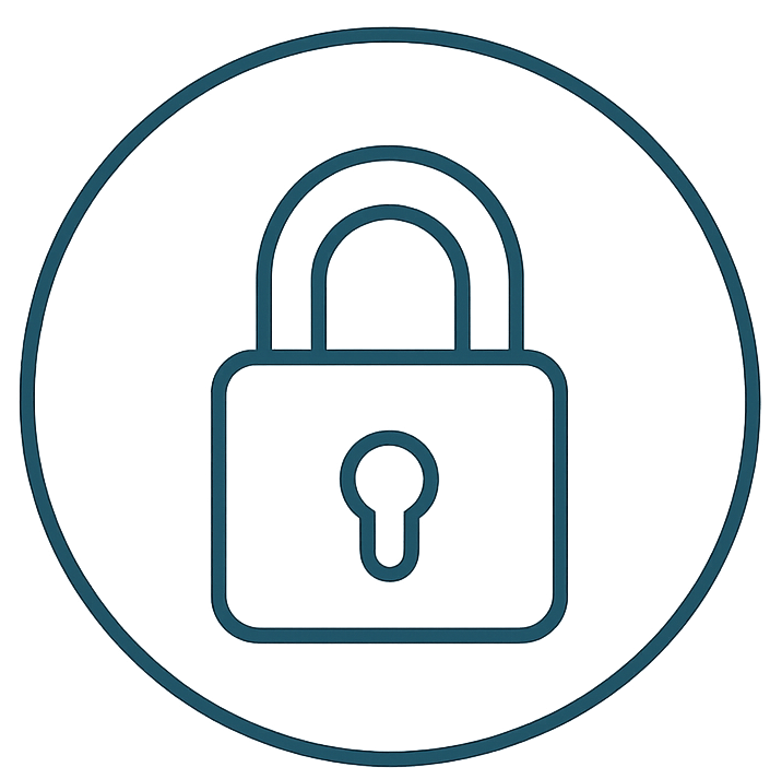 Outline of a padlock inside a circle, symbolizing security or privacy.