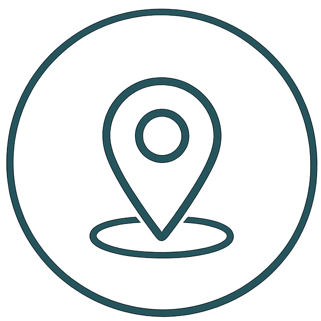 Icon of a location pin inside a circle, representing a map or location.