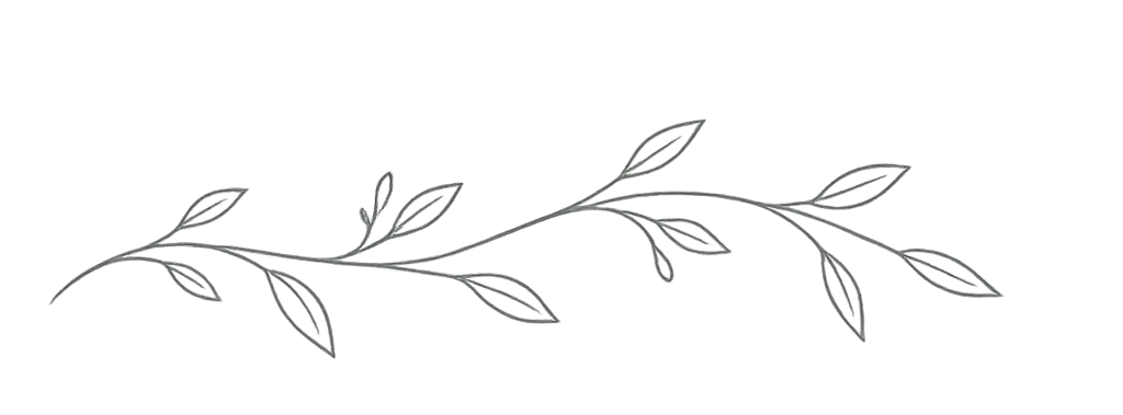 Simple decorative line drawing of a leafy branch with multiple leaves extending from a central stem.
